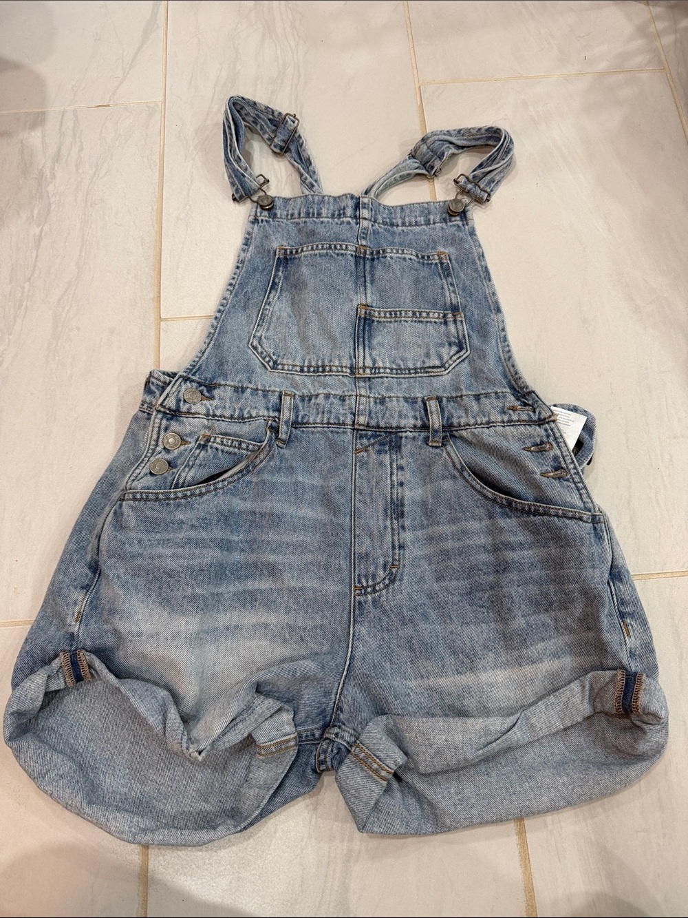 We The Free Light Wash Denim Short Overalls